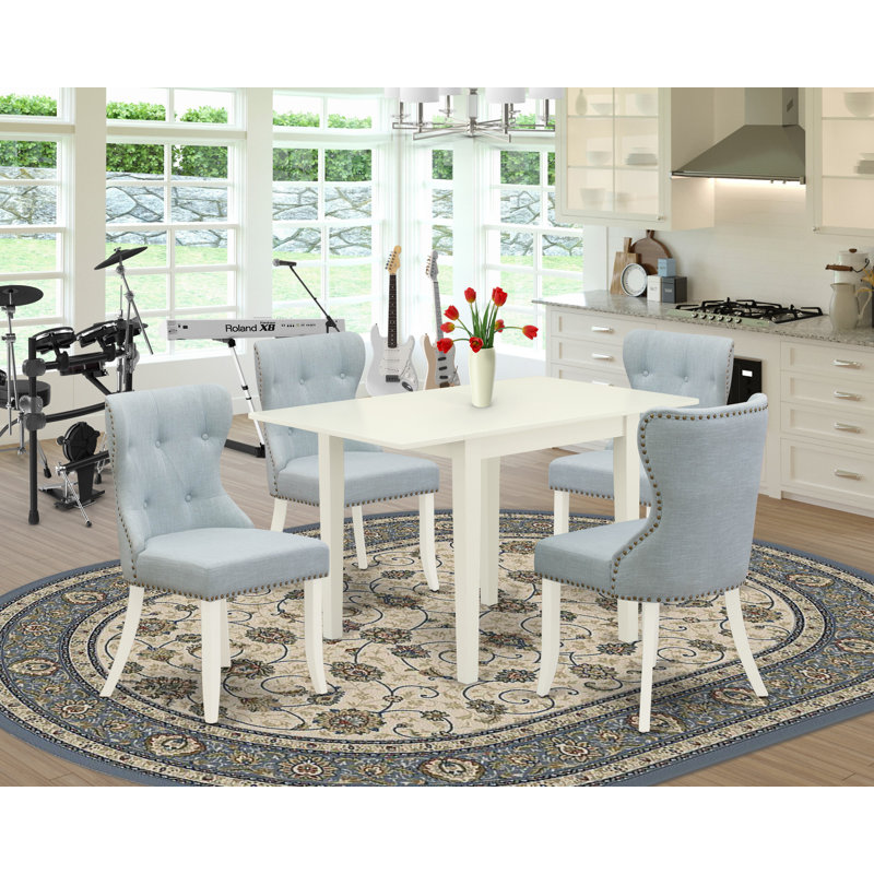 Ensemble de salle à manger 5 pièces comprenant une table de salle à manger rectangulaire avec Dropleaf et 4 chaises de salle à manger Parsons bleu lin, blanc lin