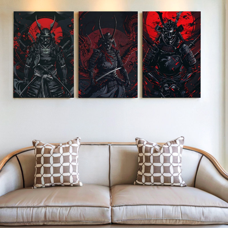 3 pièces, art mural dynamique Samurai Warrior avec palette rouge et noire, trois pièces pour le salon, la chambre à coucher et le bureau