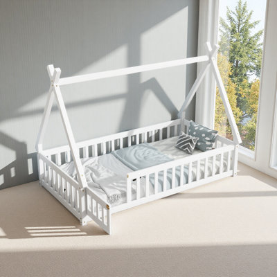 Twin Tent-Shaped Floor Bed,Teepee Bed With Guardrails,Slats And Door