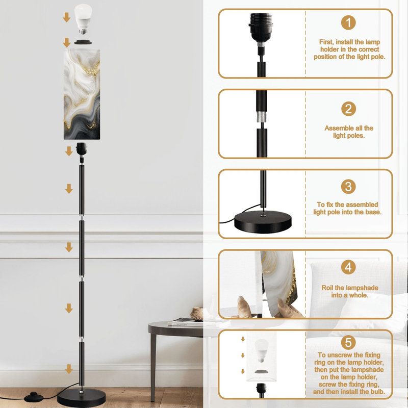 Lampe sur pied moderne à intensité variable, style marbre abstrait noir et or, avec télécommande et interrupteur au pied. Abat-jour et abat-jour sur pied. Parfait pour le salon, la chambre ou le bureau.