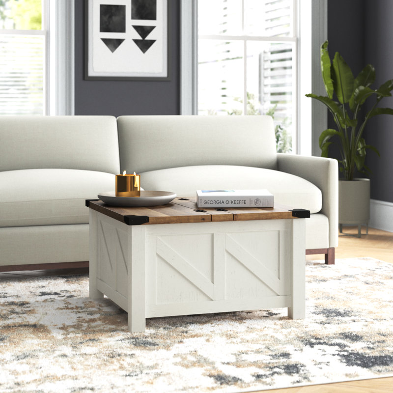 Table basse à 4 pieds avec rangement Glenford Ybanez, Plateau en chêne / base blanche