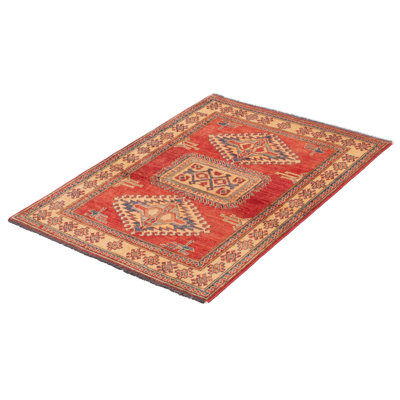 Tapis rouge en laine noué à la main de conception unique 3 pi 7 po x 4 pi 8 po Aimey