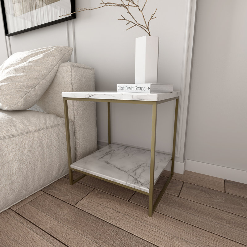 Remzi   End Table, White Marble/Gold