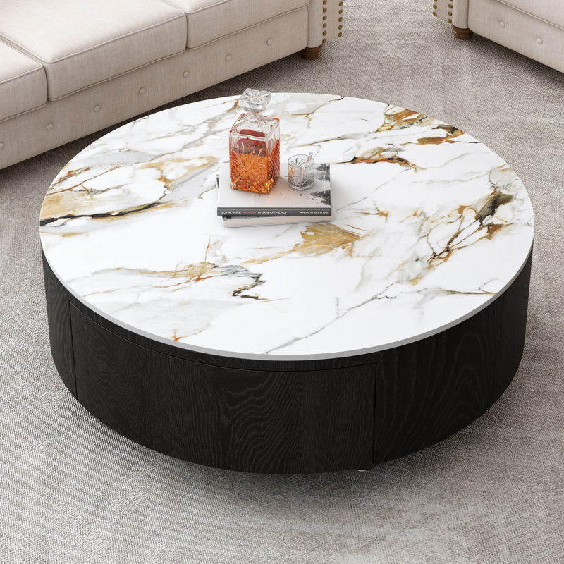 Table basse ronde rustique de 90 cm (35,4 pouces) avec 2 tiroirs et plateau en pierre frittée, noire
