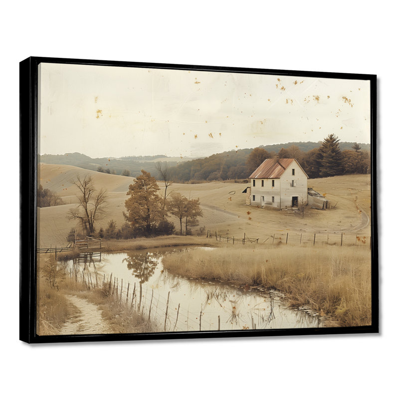 Paysage de ferme brun américain II - ferme, art mural, Cadre flottant noir, H 34 po x l 44 po x P 1,5 po
