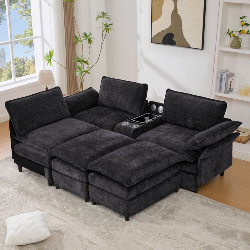 [NEW ARRIVED] U Shaped Upholstery Sectional Sofa,Sectional Modular With Storage Console & Wireless Charging,2 Cup Holders,Bluetooth Speakers
