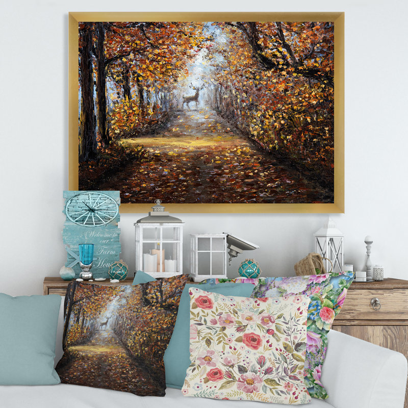 Cerf dans le parc - peinture sur toile, H 16 po x l 32 po x p 1 po, Encadrement doré