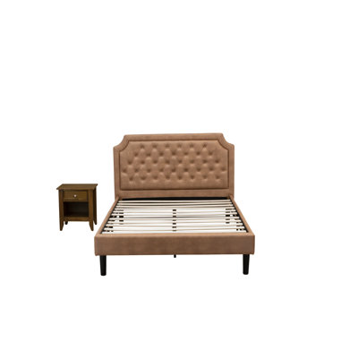 Ensemble de chambre avec lit plateforme et très grand lit et 2 tables de bout jacobiennes vieillies - Similicuir brun foncé et pieds noirs