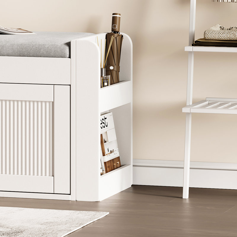 Modern Farmhouse Storage Bench With Cushion, Upholstered Shoe Bench With Shelf For Entryway, Mudroom, Hallway