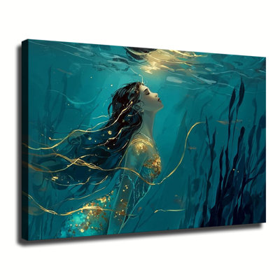 Golden Mermaid Swimming Underwater Ocean Fantasy Art, Large Gallery Wrapped Canvas Wall Art Print For Living Room Bedroom