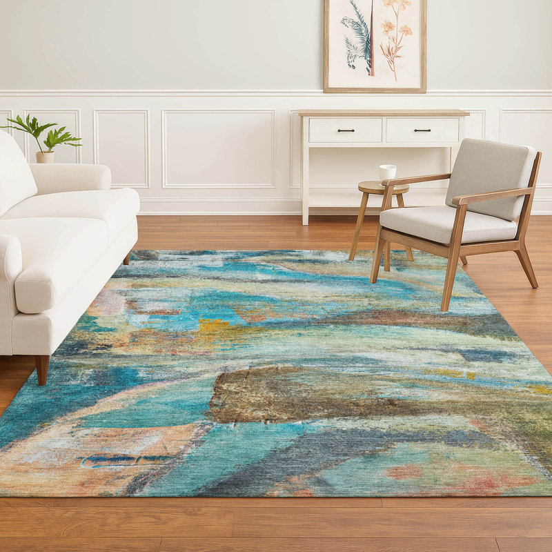 Premium Machine Washable Mayfield AMF2039 Abstract Rug, Teal, 8' x 10'