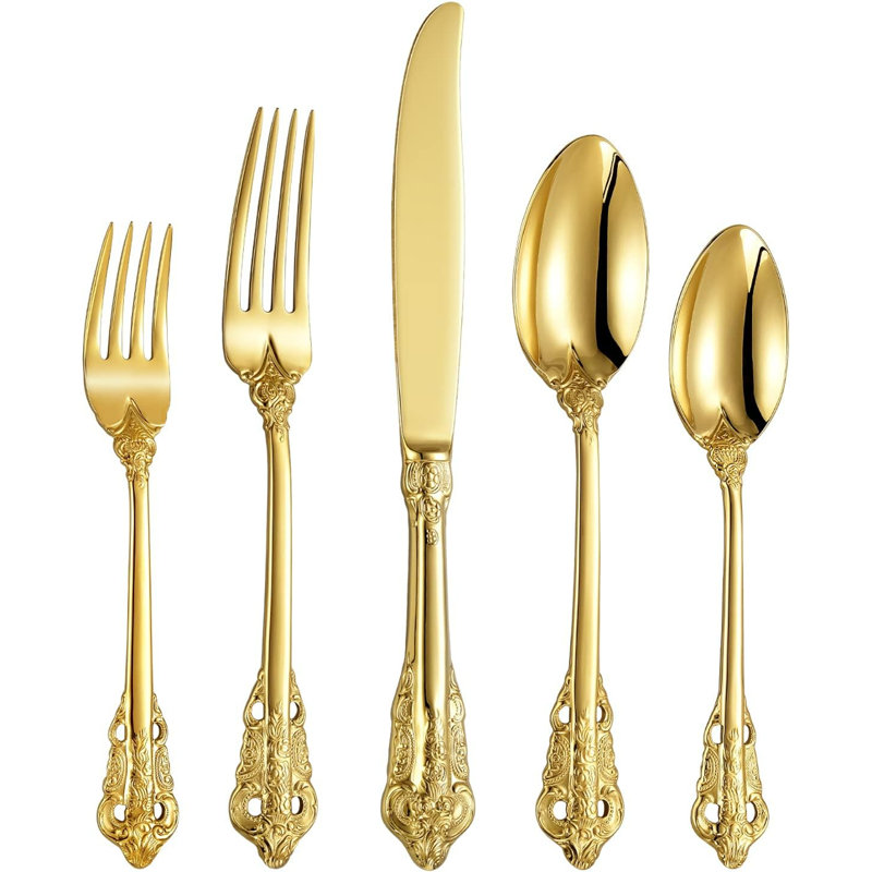 Stainless Steel Flatware Set 20 Pieces Service For 4 Silver Plated With Gold Accents Fine Silverware Set