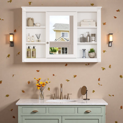 Armoire de rangement murale de 42 po pour salle de bain, armoire à pharmacie, armoire de salle de bain moderne avec miroir, armoire à miroir avec 6 tablettes ouvertes