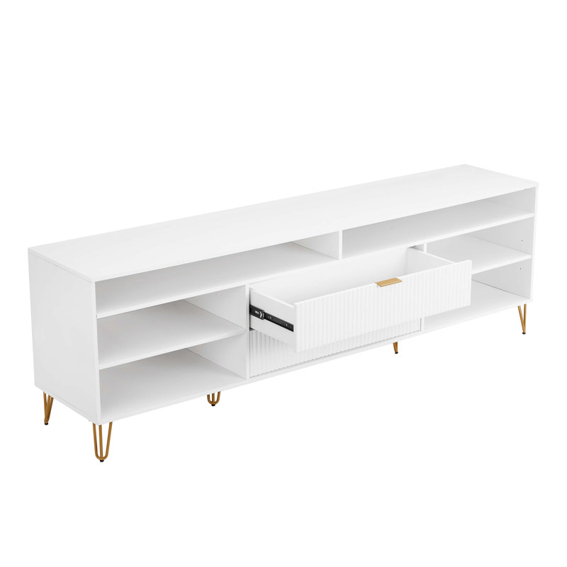 DUMBO 85" Mid-Century Modern TV Stand with 6 Shelves and 2 Drawers, White