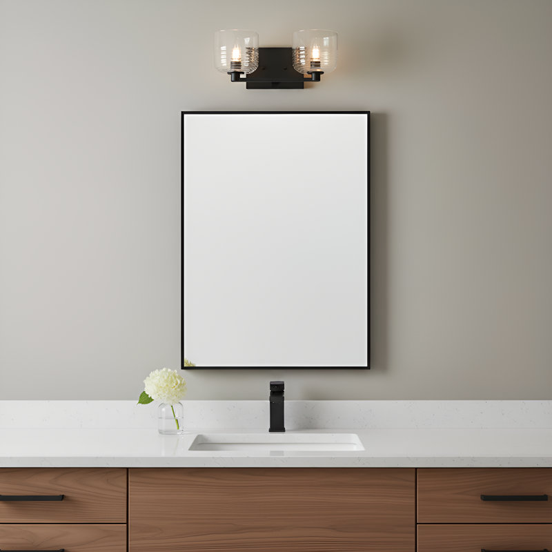 Lochdale Bathroom Bedroom Wall Fixture With Clear Ribbed Shade, Midnight Black, 2 Lights, 6.125" H x 14.75" W x 7.875" D