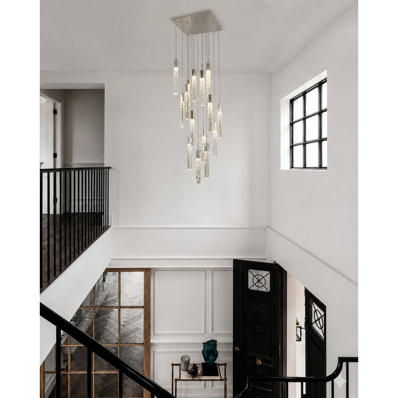 Lustre moderne en chrome avec verre suspendu 15 lumières, Chrome