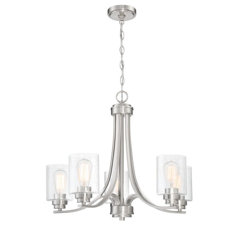 5 - Light Dimmable Empire Chandelier, Brushed Polished Nickel, Clear Seeded