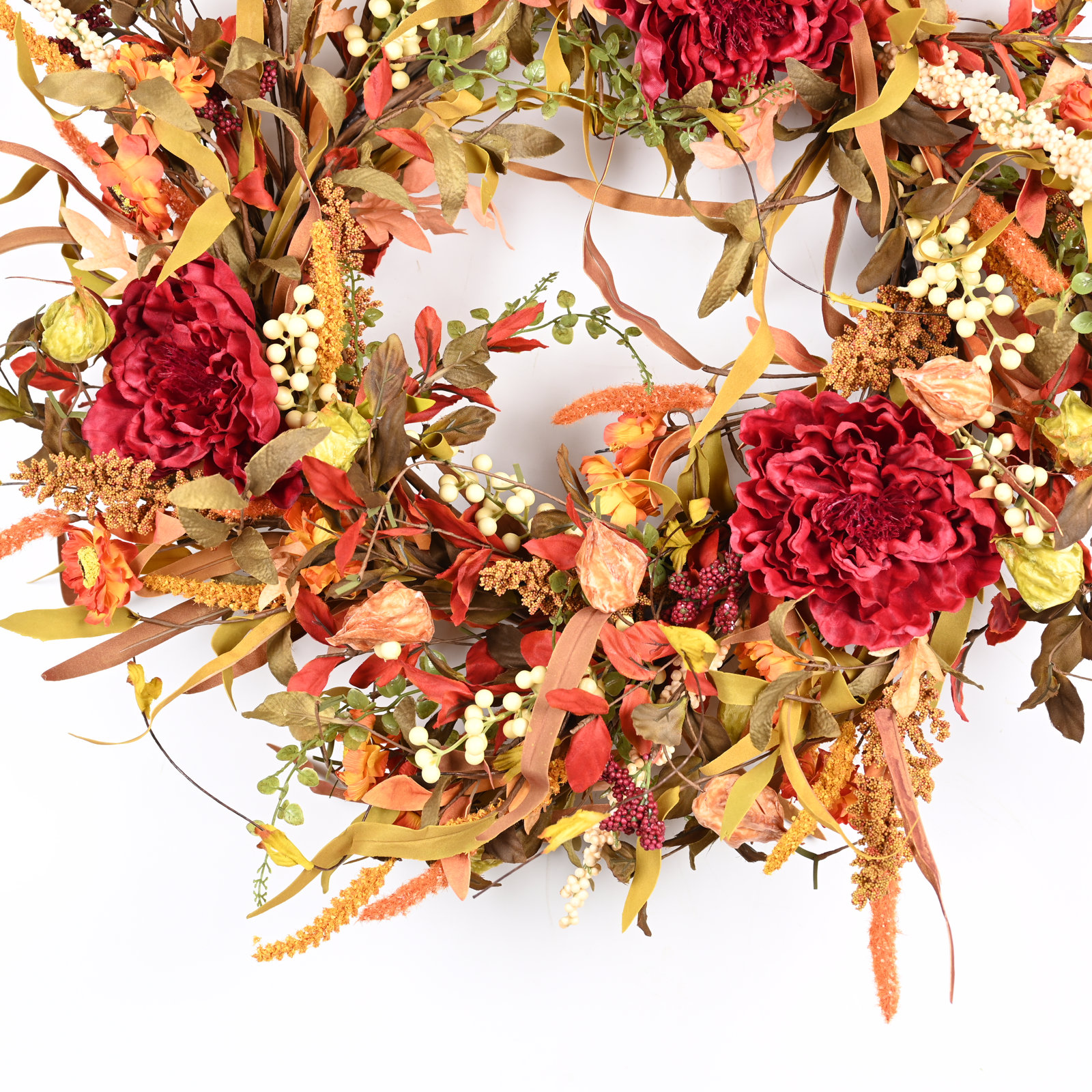 26" Fall Thanksgiving Day Peony Floral Wreath for Front Door, Green/Red