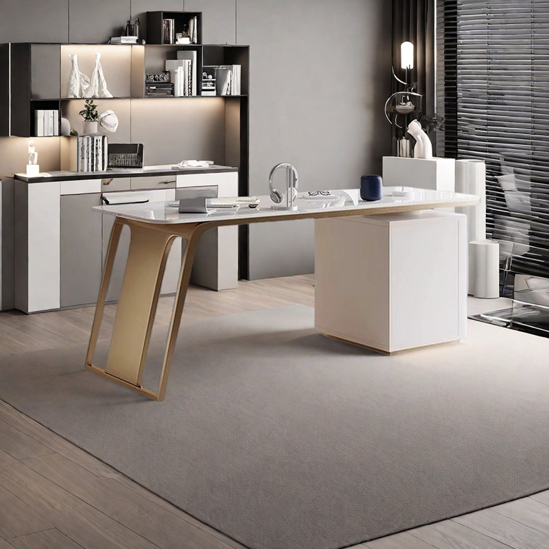 Bureau unique en pierre frittée, H 29,53 po x l 55,12 po x P 27,56 po, Doré / Blanc