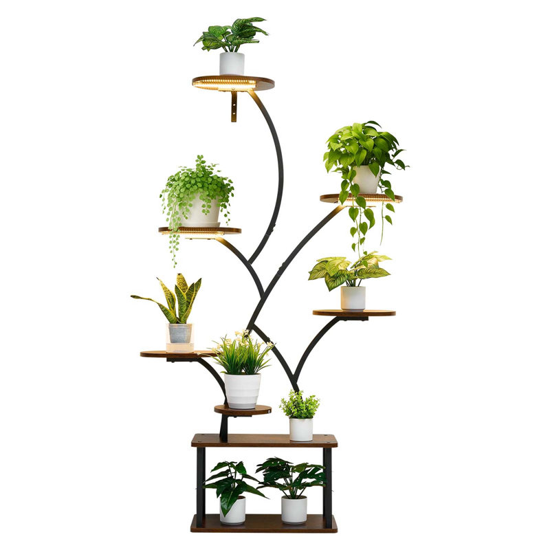 8-Tier Lighted Indoor Plant Stand With Grow Lights, Tree-Shaped Metal Display Rack For Living Room And Balcony Decor