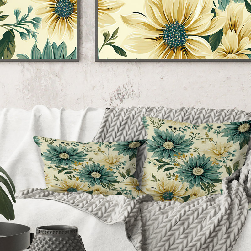 Coussin décoratif rétro vert et beige Dahlia I - imprimé floral, H 16 po x l 16 po
