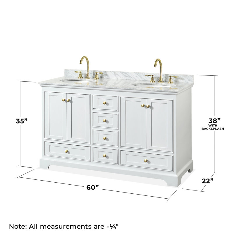 Deborah 60'' Double Bathroom Vanity with Marble Top, White, Gold