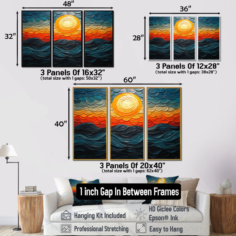 Sunrise - ensemble de décorations murales Op Art, H 28 po x l 36 po x P 1 po, Toile avec cadre flottant noir