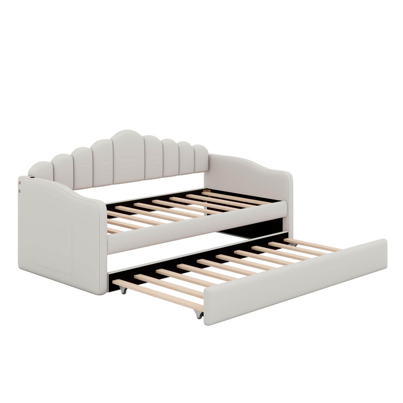 Twin Size Upholstered Daybed With Trundle,Velvet Sofabed With USB & Type-C Charging Ports, Side Storage Bag, No Box-Spring Needed