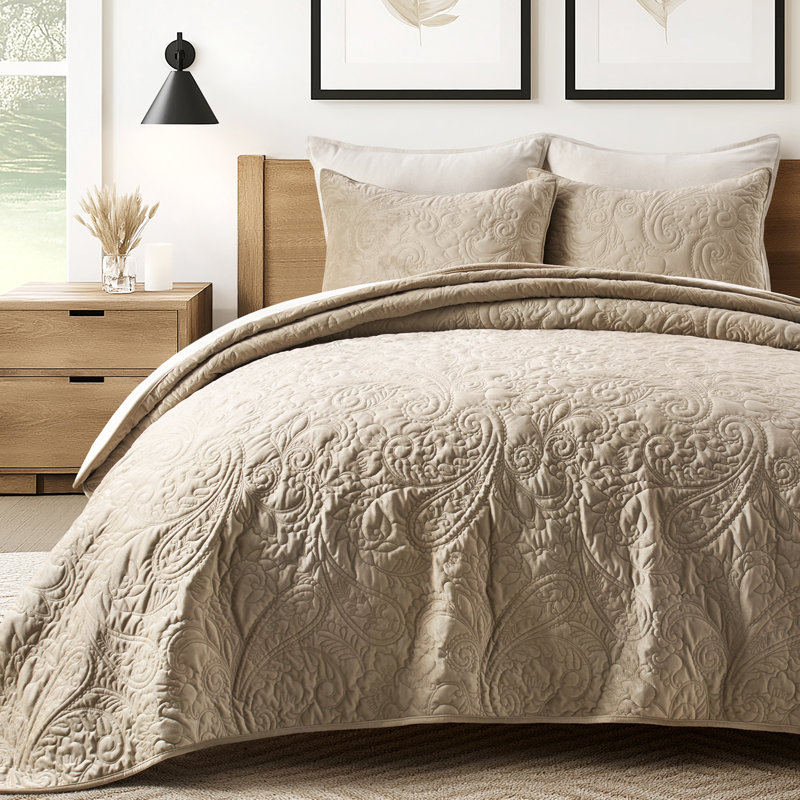PearlVelvet Paisley Stitch Quilt set, Taupe, Queen Quilt + 2 Standard Shams