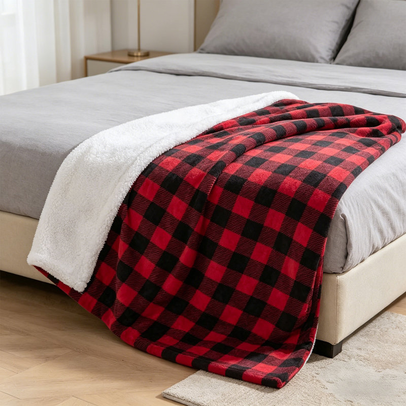 Red And Black Grid Soft Sherpa Fleece Fur Thick Dual Sided Reversible Throw Blanket., 150cm x 200cm