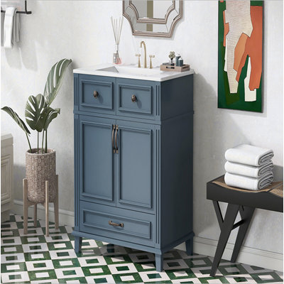 30'' Bathroom Vanity with Ceramic Sink,Solid Wood Frame Bathroom Storage Cabinet with Soft Closing Doors,Retro Style