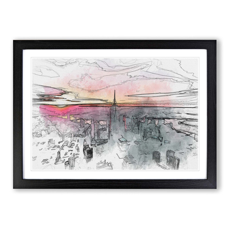 Sunset over New York City in Abstract - Picture Frame Graphic Art Print, Black Framed, 62cm H x 87cm W x 2cm D
