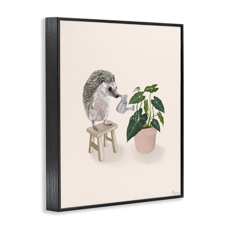 «Hedgehog Watering Plant», art de la giclée encadrée par Tara Royle, Giclée encadrée noir minuit, H 14 po x l 11 po