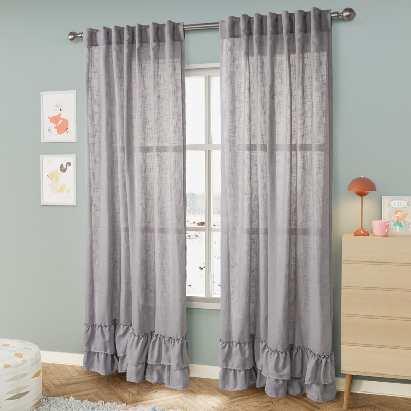 Linen Texture Double Ruffle Semi Sheer Back Tab Pair (2 Panels), 52" W x 84" L, Gray
