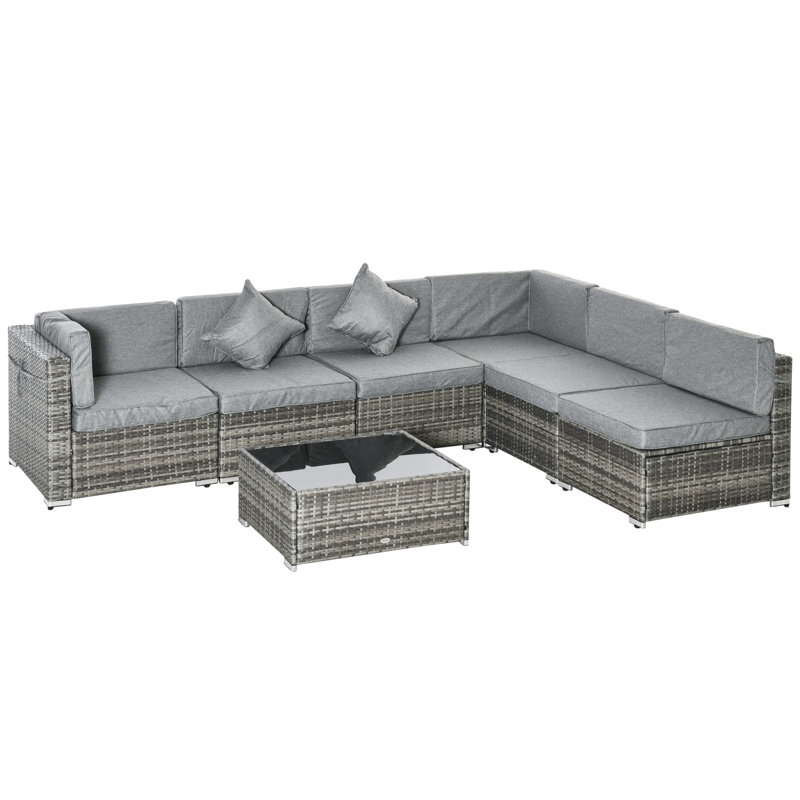 Groupe de sièges modulaires en rotin avec coussins 7 pièces, Cadre gris / coussin gris