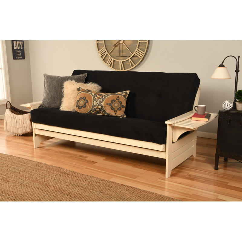 Johnte 82'' Wide Full Futon And Mattress, Suede Black Microsuede, Antique White, Premium Pocket Coil