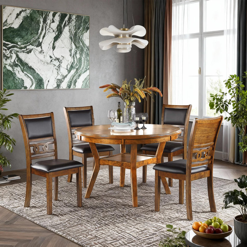 47 Inch Round Oak Finish Dining Table With Lower Shelf