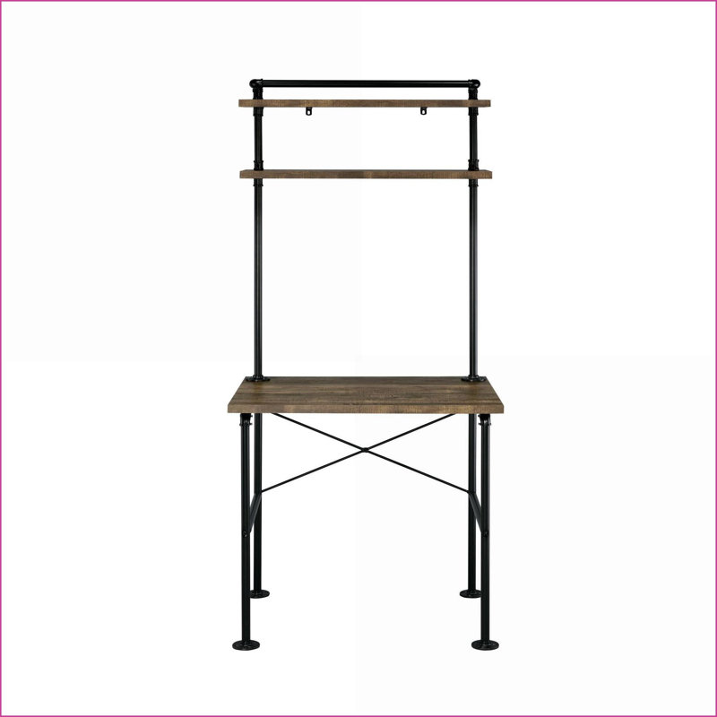 Desks, Industrial Rustic Oak &amp; Black Writing Desk with 2-Tier Shelving | Black,Oak | Metal,Synthetic Wood