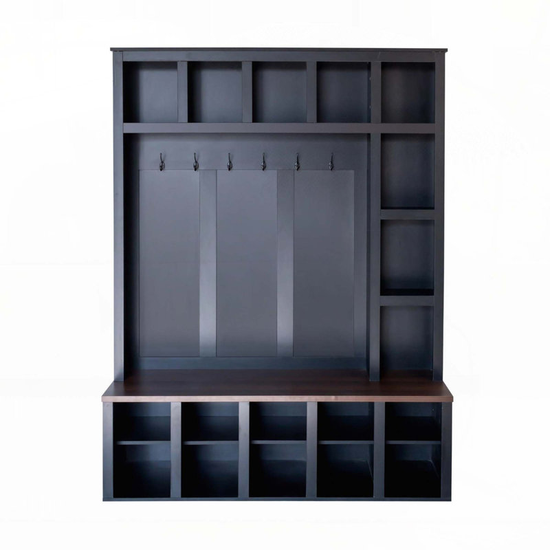 Hall Tree with 6 Hooks,Storage Bench with Adjustable Shelves, 4-in-1 Entryway Shoe Cabinet with 13 Cubbies, Black