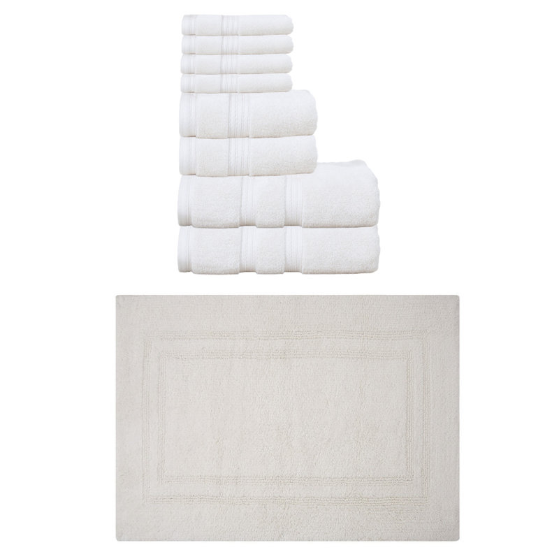 Ensemble de serviettes de bain 100% coton Buariki Collection et tapis de bain 1 pièce réversible, Ivoire ivoire