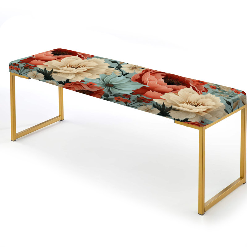 Upholstered Gold Bench, Coral Boho Floral Harmony