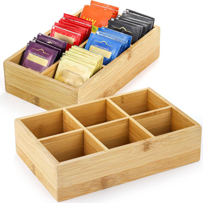 2 Pack Bamboo Tea Bag Organizers, Wood Tea Bag Storage for Drawers with 6 Roomy Compartments, Sturdy Tea Chest Boxes for Shelf, Coffee Station, Sugar Packet, Sweeteners, Small Packets