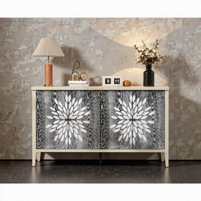 Buffet moderne de 58 pouces avec 4 portes et tablettes réglables, rangement en grain de bois noir / naturel pour le salon, la salle à manger et le vestibule