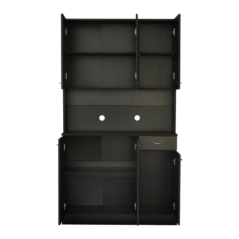 Grande armoire noire de 70,35 po pour la chambre à coucher. 6 portes, 1 tablette ouverte, 1 tablette de rangement attrayante en noir. Pièce stable
