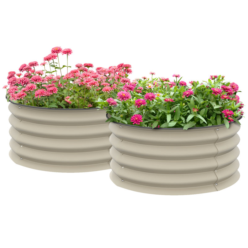 Ensemble de 2 lits de jardin surélevés galvanisés, 23,5 po de diamètre x H 11,75 po, acier blanc crème, fond ouvert autodrainant, jardinières pour fleurs, herbes, légumes