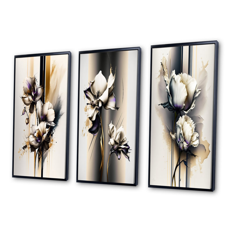 "Fleur d'orchidée blanche sur peinture beige doré", 3 pièces sur toile, Cadre flottant noir, H 40 po x l 60 po