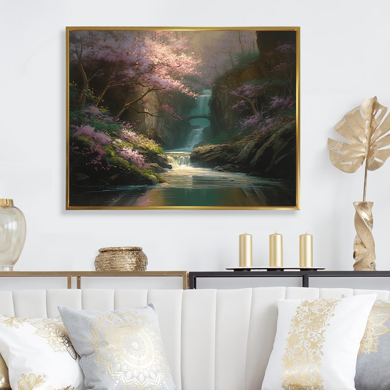 Madrina Cherry Blossom Stream VI sur toile, H 12 po x l 20 po x P 1 po, Cadre flottant doré