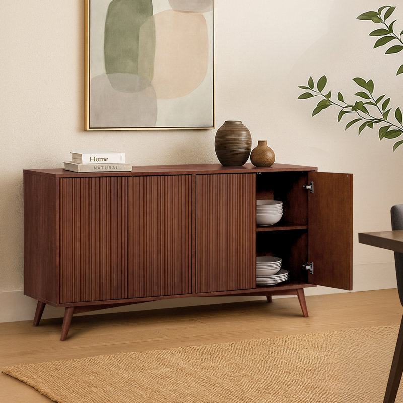 Tremolo Modern 4-Door Sideboard Buffet Cabinet with Adjustable Shelves & Fluted Push-Open Doors for Dining or Living Room