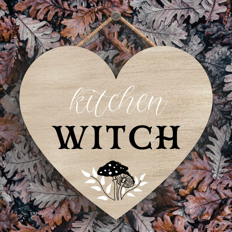 Kitchen Witch Mushrooms Wooden Heart Plaque, 16cm H x 17cm W x 0.9cm D, Brown