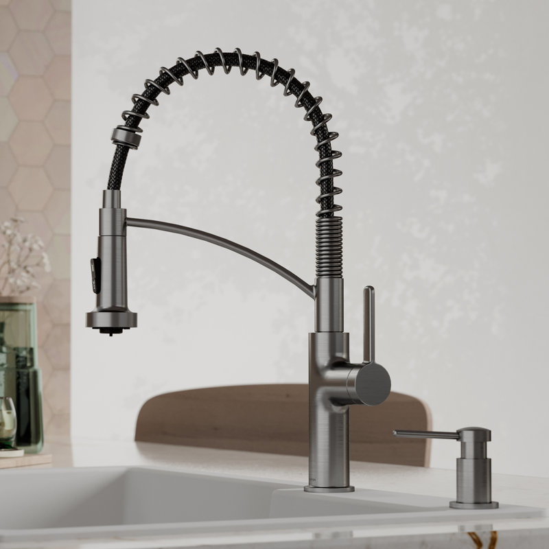 Karran Commercial Style Pull-Down Kitchen Faucet with Coil Spring, High-Arc, Multi-Function Spray in Spot-Free Gunmetal Grey